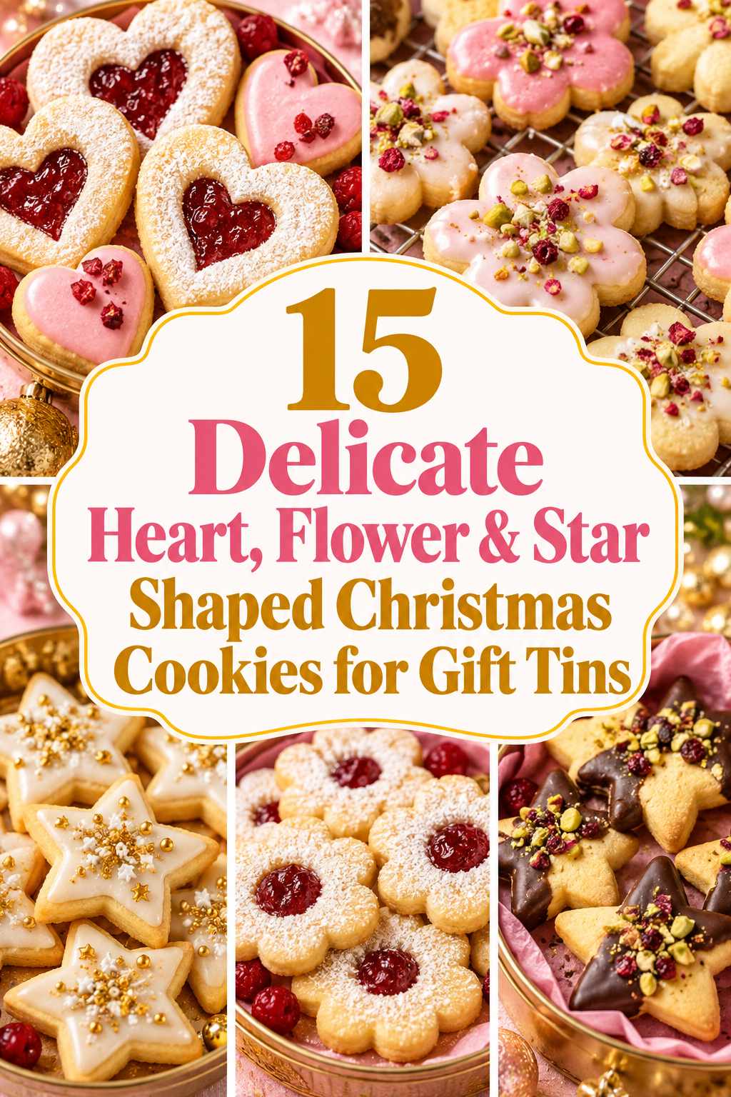 15 Delicate Heart, Flower & Star Shaped Christmas Cookies for Gift Tins