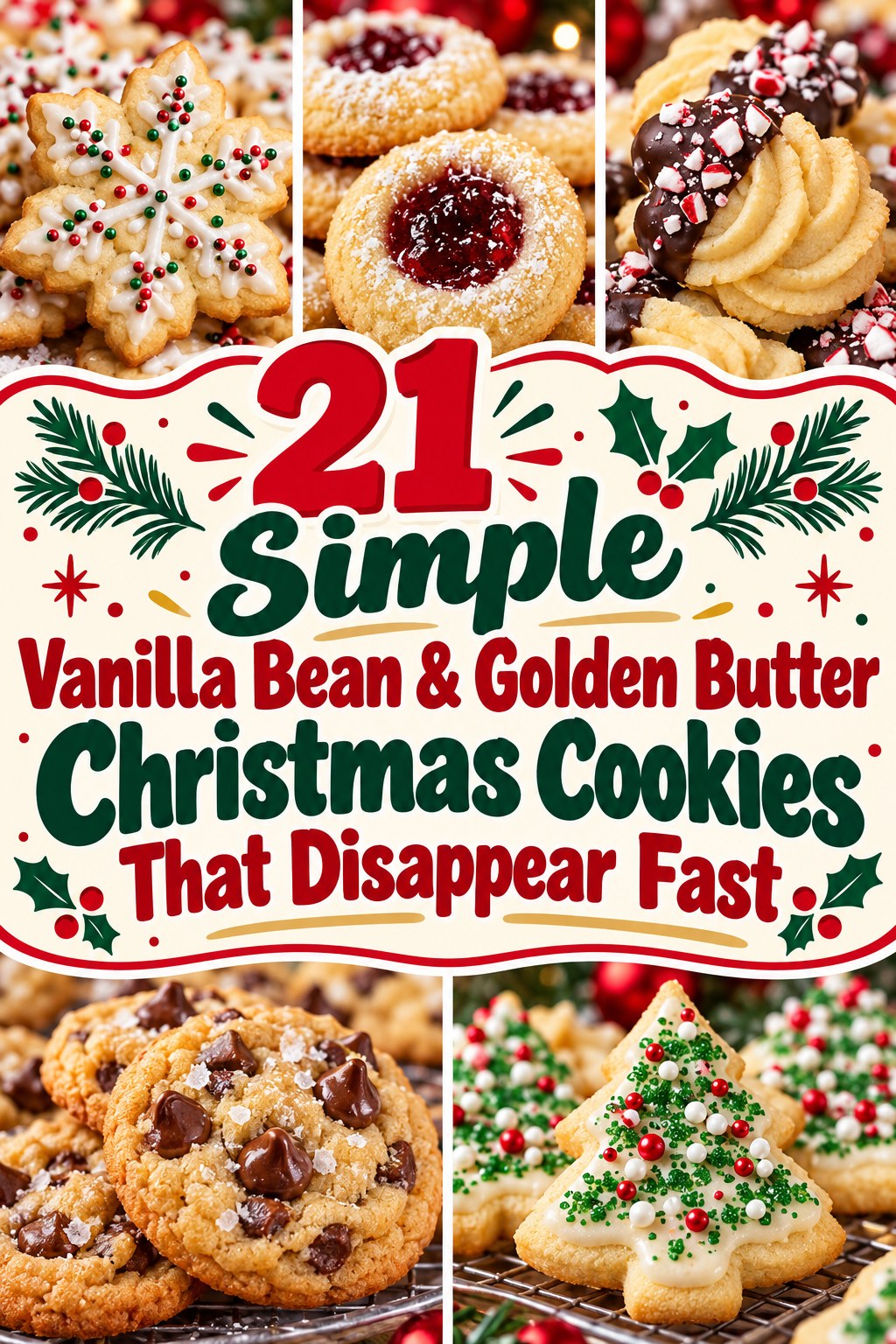 Vanilla bean and golden butter Christmas cookies in a photo grid